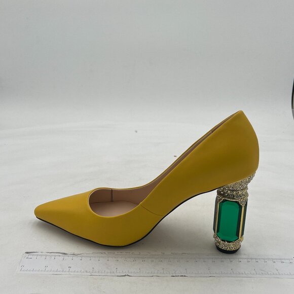 FSJ Shoes - FSJ Women Leather Crystal Chunky High Heel Pumps Pointed Toe Slip on Wedding Par
